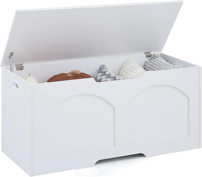 39.4" Storage Chest, Wooden Storage Bench, Storage Trunk, Chest with Lift Top, Large Box Entryway Bench, Supports 330 lb U-Shaped Opening for Entryway, Hallway, Living Room, Ivory White