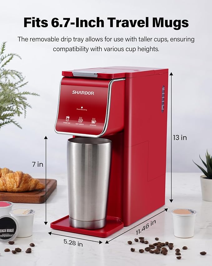 SHARDOR Hot & Iced Coffee Maker, K Cup Coffee Maker Compatible with Ground Coffee, Single Serve Coffee Machine with Bold Setting, Reusable Filter, Travel Mug Friendly, Compact Design, Red