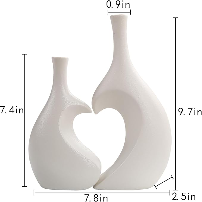 White Ceramic Vase Set of 2,Heart Shaped vase, Matte Frosted Texture Finish,Farmhouse Decor, Home Decor, Vases for Your Bedroom, Office, Living Room, Bathroom (White)