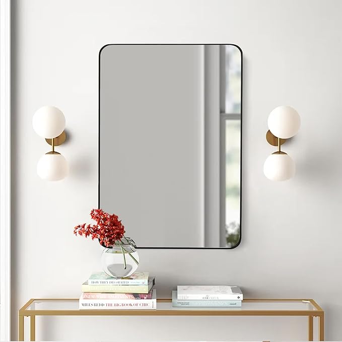 20x30 Inch Black Framed Bathroom Mirror, Rounded Corner Rectangle Mirrors for Wall with Tempered Glass Anti-Rust, Shatterproof (Horizontal/Vertical Hanging)