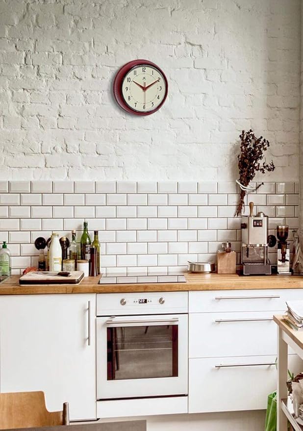 Infinity Instruments LTD. Retro 9 inch Silent Sweep Non-Ticking Mid Century Modern Kitchen Diner Wall Clock Quartz Movement Retro Wall Clock Decorative (Red)…