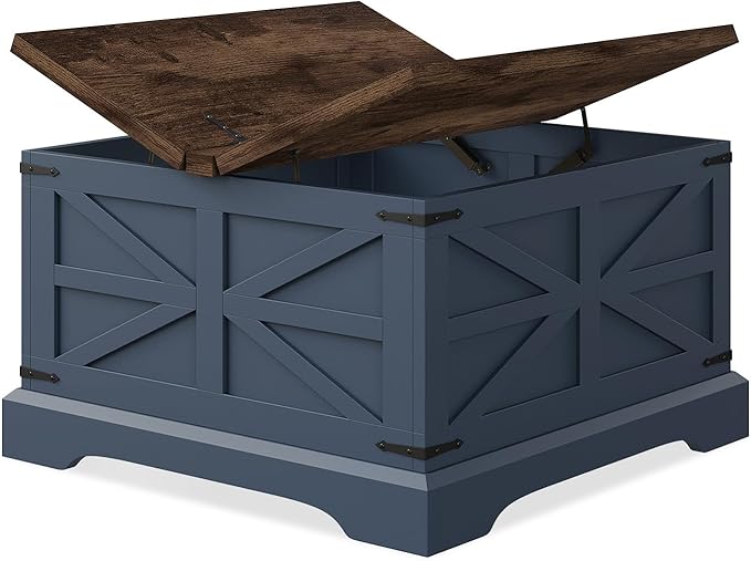 oneinmil Farmhouse Coffee Table with Storage Organizer, Square Coffee Tables with Large Storage Space, Center Table for Living Room, Bedroom, Home Office, Blue