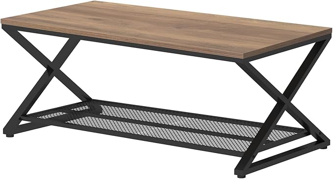 LVB Wood Coffee Table, Metal Wooden Living Room Table with Storage, Industrial 2 Tier Cocktail Tea Table with Mesh Shelf, Farmhouse Rectangular Low Middle Tables for Office Bedroom, 39 inch Rustic Oak