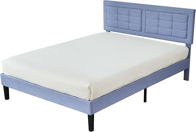 VECELO Queen Size Bed Frame with Adjustable Headboard, Upholstered Button Tufted Platform Bedframe with Wood Slats Support, No Box Spring Needed, Light Blue