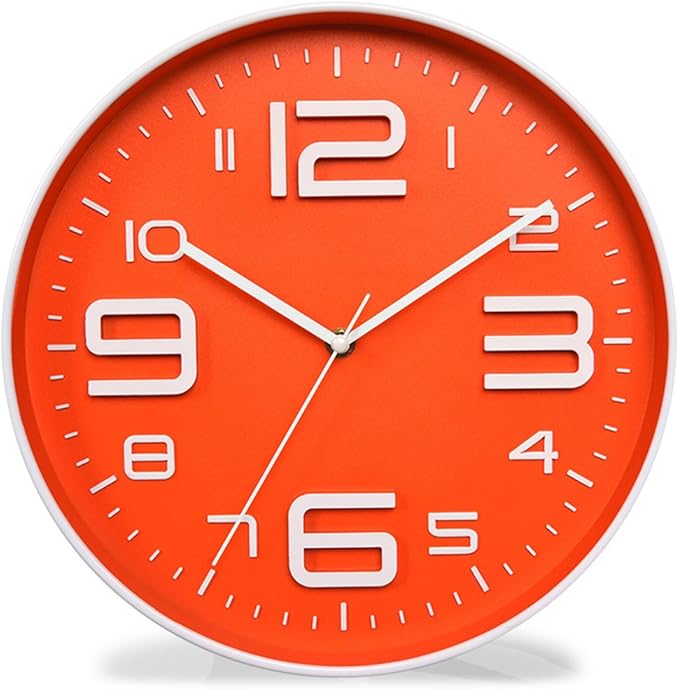 Zaoniy Non-Ticking Silent Quartz Wall Clock with Big 3D Number Modern Design Quiet Sweep Movement Indoor Decorative for Living Room Kitchen Wall Clocks Battery Operated 10-Inch (Orange)