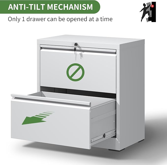 2 Drawer Lateral File Cabinet with Lock, Filing Cabinets for Home Office, Storage Cabinets for Hanging Files Letter/Legal/F4/A4, Require Assembly(White)
