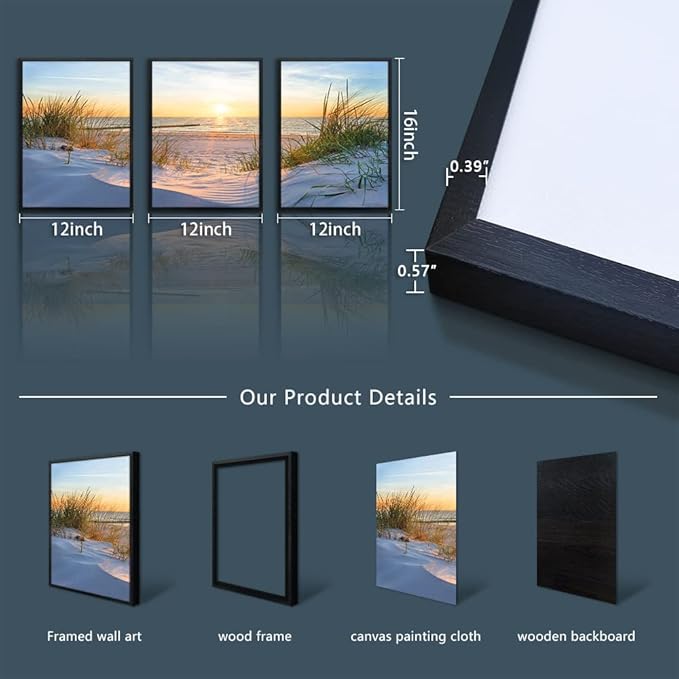 Black Framed Beach Wall Art Set - Blue Seascape Paintings for Living Room, Bedroom & Office - 12"X16" Each