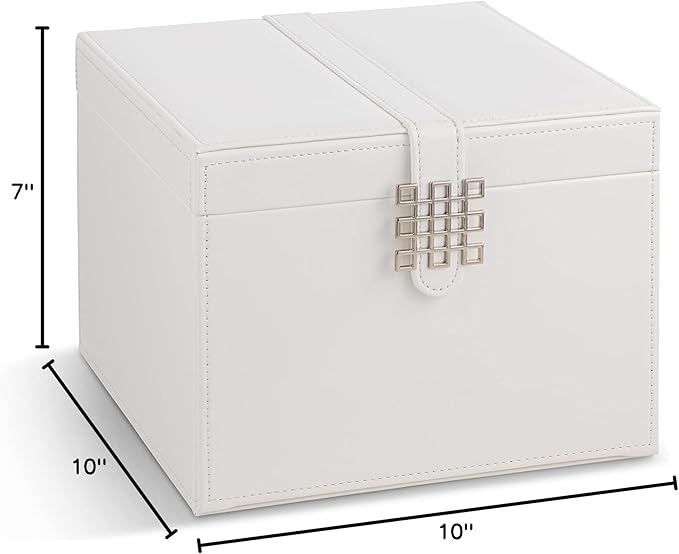 Earring Organizer Holder - 75 Small & 4 Large Slots Classic Jewelry Box with Drawer & Modern Closure, Mirror, 4 Trays Earrings, Ring or Chain Storage - PU Leather Case - White