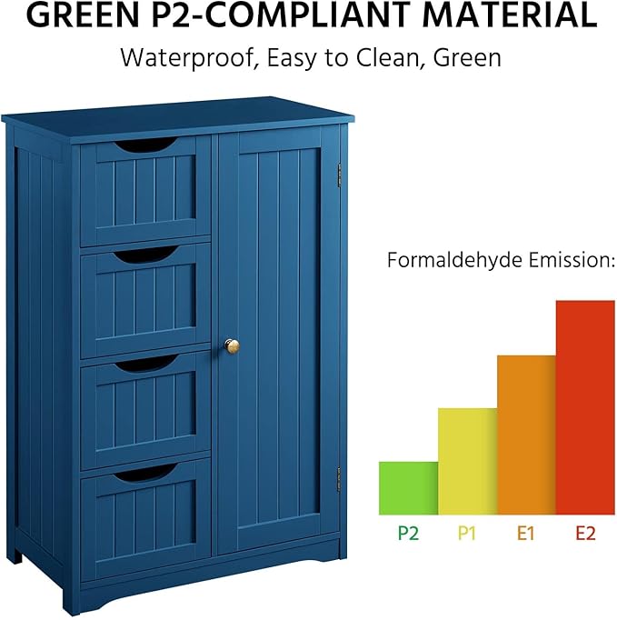 Yaheetech Wooden Bathroom Floor Cabinet, Side Storage Organizer Cabinet with 4 Drawers and 1 Cupboard, Freestanding Entryway Storage Unit Console Table, Bathroom Furniture Home Decor, Navy Blue