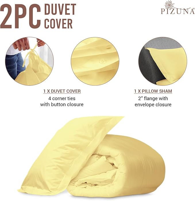 Pizuna Pure 100% Cotton Twin Duvet Cover Set, Luxurious 400 Thread Count Long Staple Cotton Sateen Weave with Button Closure (Combed Mellow Yellow Cotton Duvet Cover Twin)