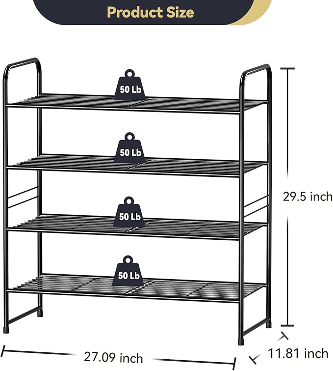 4-Tier 27” Wide Shoe Rack for Closet, Metal Stackable Shoe Shelf Organizer, Holds 14 Pairs, Black