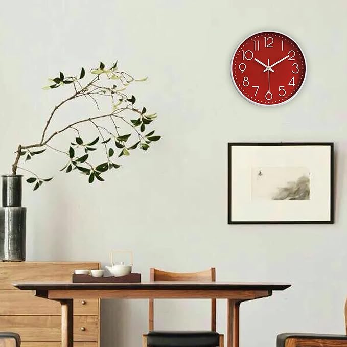 Wall Clocks Battery Operated Non-Ticking Red Clock 12 Inch Kitchen Wall Clock Quartz Silent Movement Large Decorative Clock Arabic Numerical for Home Office Decor - Red