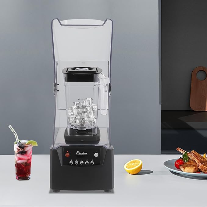 1.8L Professional Commercial Blender with Soundproof Cover, 2600W Industries Strong and Quiet Professional-Grade Power, with Custom Time and Removable Blades, Black