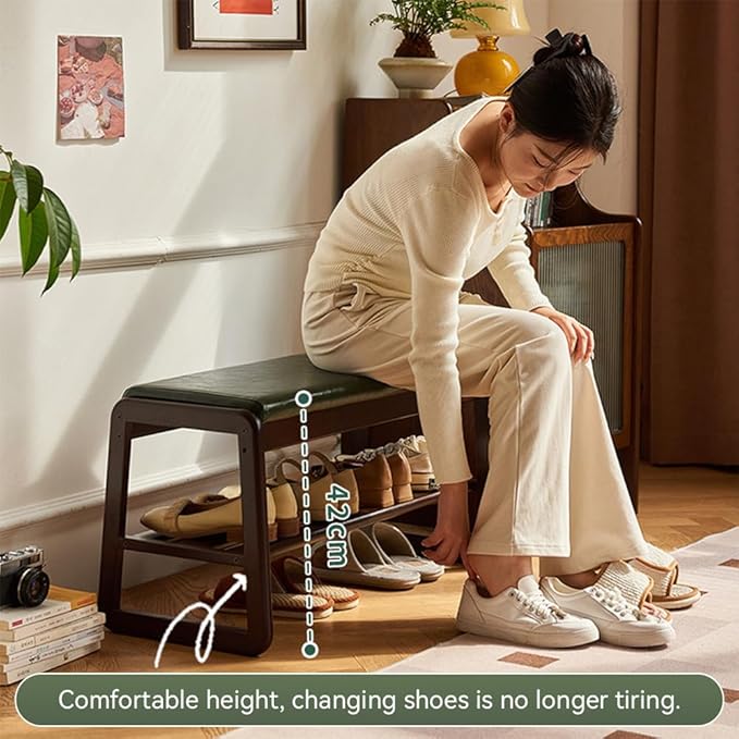 Solid Wood Bench, Entryway Shoe Rack Bench with Cushion, 2 Tier Shoe Cabinet with Bench Organizer for Hallway Living Room