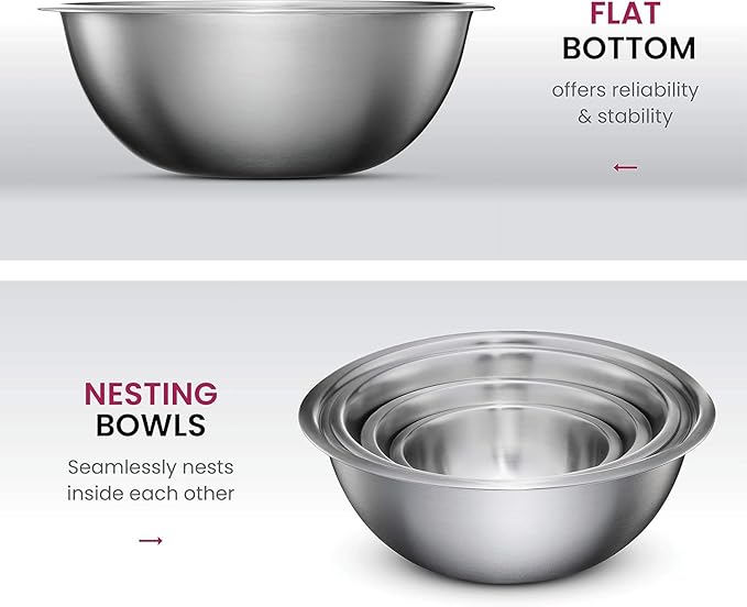 Stainless Steel Mixing Bowl Set, Nesting Bowls for Kitchen Baking, Cooking, Prepping, Kitchen Food Storage Organizers, No Lids (5 Pack)