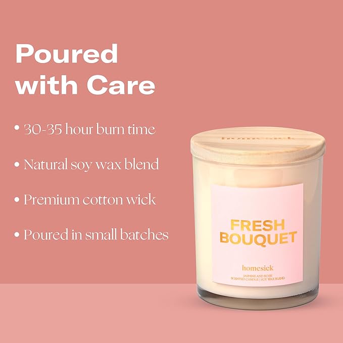 Homesick Scented Candles for Home (Fresh Bouquet) - 7.5 oz Long-Lasting Natural Soy Wax Blend Jar Candle Gift for Women & Men for All Occasions, 30-35 Hours Burn Time - Notes of Jasmine & Rose