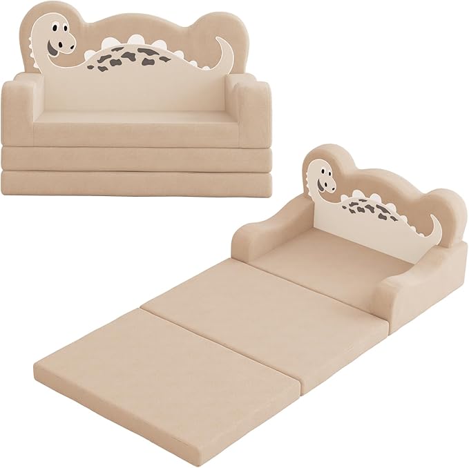 2-in-1 Kids Couch Fold Out, Convertible Toddler Couch to Lounger, Toddler Chair Comfy, Kids Sofa for Girls and Boys, Gift for Birthday, Children's Day, Dinosaur Beige