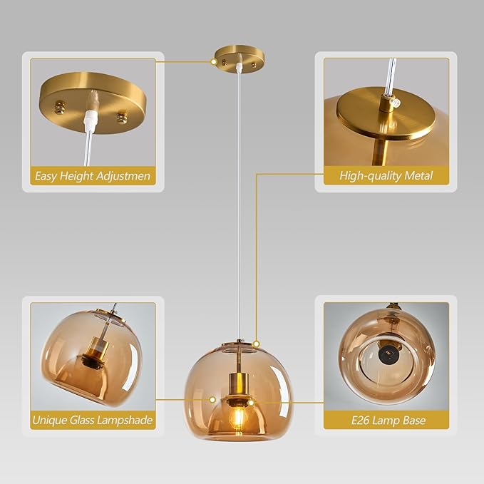 Amber Glass Pendant Lights Kitchen Island Gold Hanging Light Fixture Glass Globe Pendant Light Modern Pendant Lighting for Kitchen Island Bedroom Dining Room (9.84", 1 Pack)