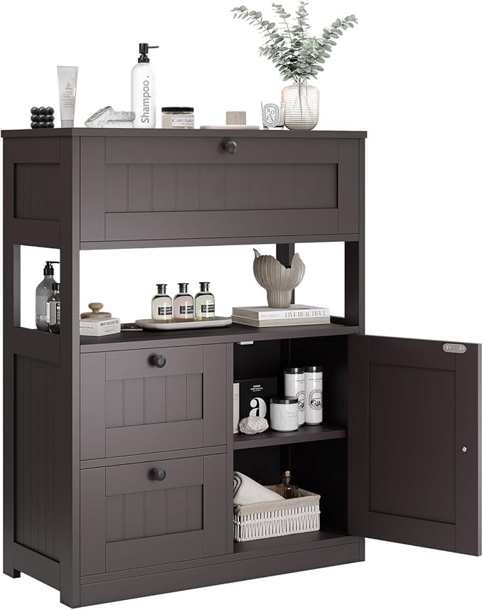Bathroom Cabinet, Modern Bathroom Floor Storage Cabinet Organizer with 1 Door and 3 Drawers, Freestanding Cupboard for Kitchen/Living Room Use