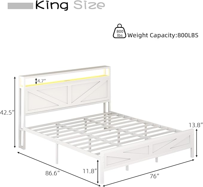 King Bed Frame with LED Lights and Charging Station, Metal Platform Bed King Size with 2-Tier Rustic Barn Door Storage Headboard, Noise-Free, No Box Spring Needed, Easy Assembly, White