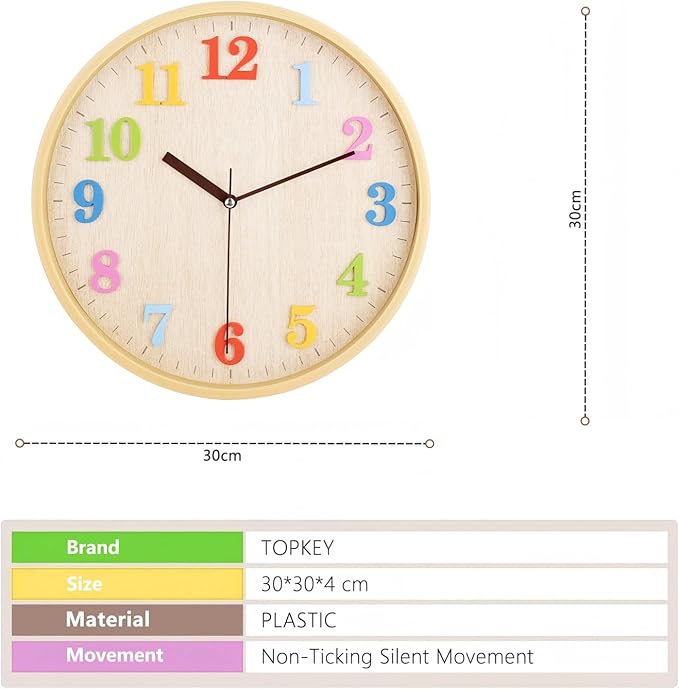 Topkey 12" Wooden Look Wall Clock Silent Non-Ticking 3D Numbers Colorful Decorative Round Clock for Living Room, Bedroom and Office Battery Not Included - Light Brown