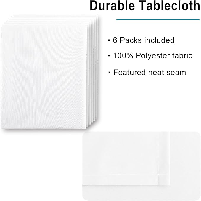 Hiasan 6 Pack White Tablecloth 54 x 80 Inch, Rectangle 4 Feet Table Cloth - Waterproof and Wrinklr Resistant Washable Polyester Fabric Table Cloth for Dining Room and Outdoor Use