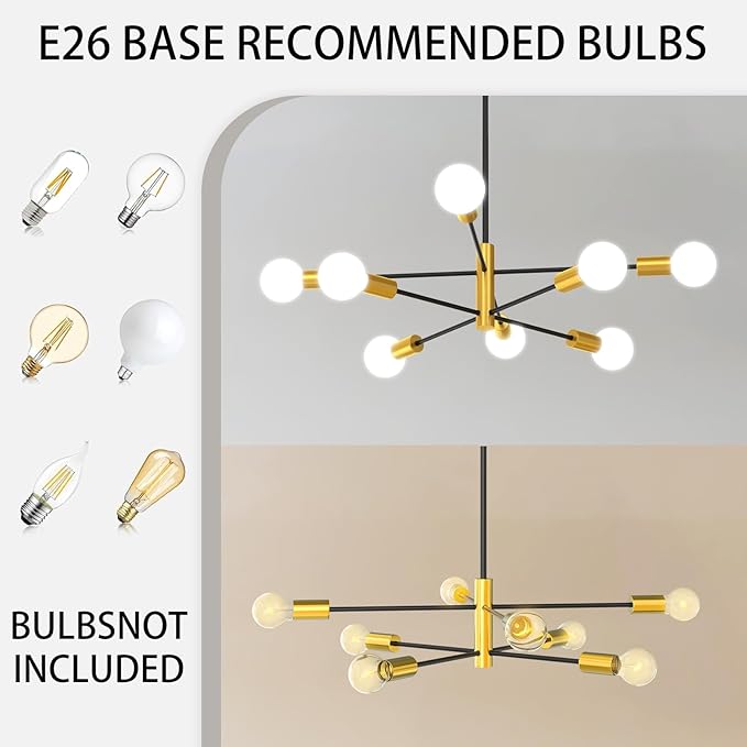 Sputnik Ceiling Light Fixture Chandelier, 8-Light Dining Room Light Over Table Height Adjustable Mid Century Hanging Light Fixture E26 Pendant for Bedroom Kitchen Livingroom 53InchH Gold+Black