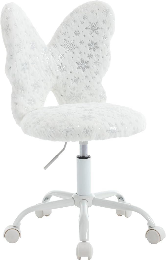Butterfly Kids Desk Chair, Adjustable, Swivel, Faux Fur, White