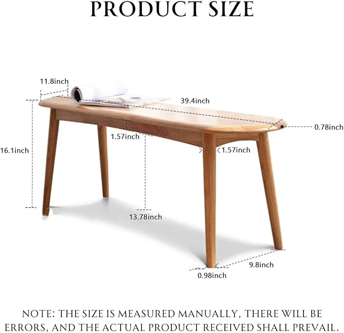 100% Solid Oak Dining Bench, Wood Bench for Bedroom End of Bed with Rounded Corners, Entryway Benches for Dining Room, Kitchen, Living Room (Natural Oak, 39.4")