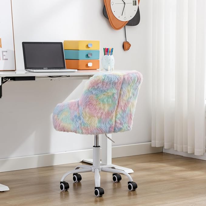 Kids Desk Chair Faux Fur Upholstered Swivel Reading Chair, Cute Adjustable Study Chair with White Wheels for Reading Room Bedroom, Rainbow Color