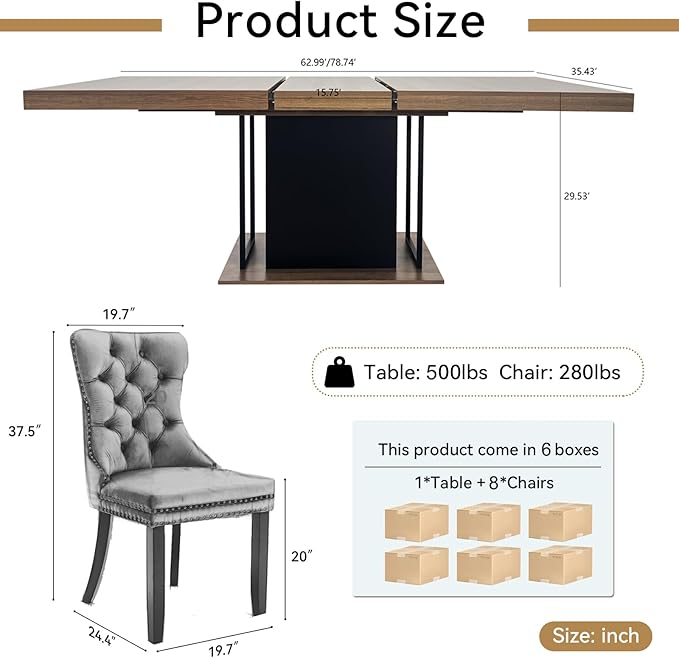 Goujxcy 78.7" Farmhouse Extendable Dining Room Table Set for 8, 9-Piece Rectangle Kitchen Dining Room Table Set with Wood Base and 8 Yellow Velvet Dining Chairs, Extending Kitchen & Dining Table Set