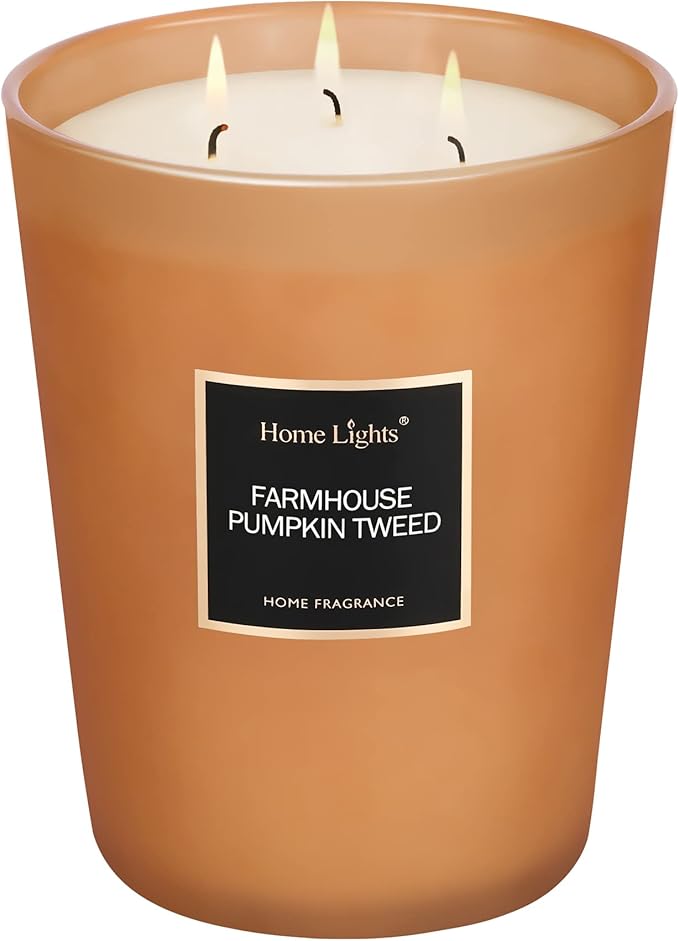 HomeLights Highly Scented Candles, Big 33.3 oz for Home, Natural Soy Aromatherapy Candles, Smokeless Long Lasting 130h with 3 Cotton Wicks, Candles Gifts for Women & Men - Farmhouse Pumpkin Tweed