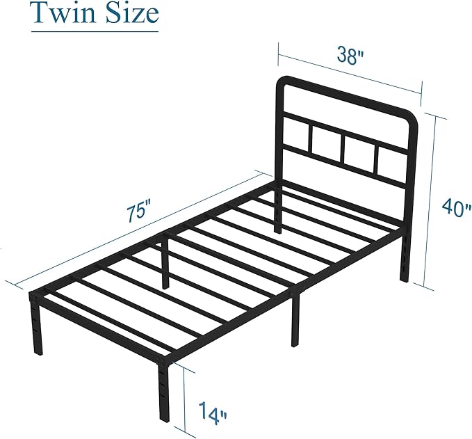 Metal Platform Twin Bed Frames with Headboard, 14 Inch No Box Spring Needed Heavy Duty Steel Slat Mattress Foundation/Easy Assembly/Noise Free/Black