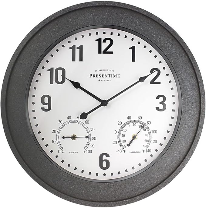 Presentime & Co. 20" Bradford Indoor/Outdoor Farmhouse Clock with Weather Station, Gray Stone Finish