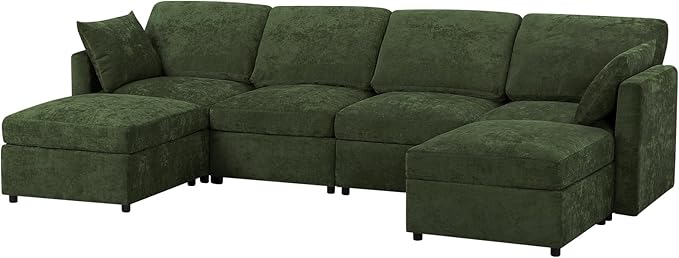 110” Chenille 4 Seats Sofa W/2 Movable Ottoman, Modern Fabric U-Shaped Couch with Soft Backrest, Upholstered Sectional Sofa with Armrest Pillows for Living Room, Office, Green