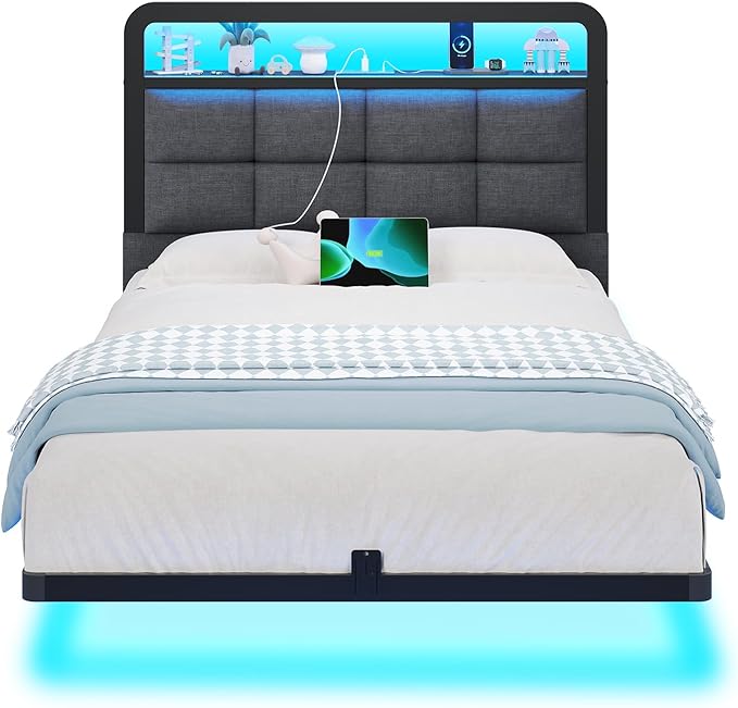 Hasuit Twin Floating Bed Frame with Charging Station and LED Lights, Twin Size Bed Frame with Wood Storage Headboard, Grey Upholstered Platform Bed, No Box Spring Needed, Noise Free