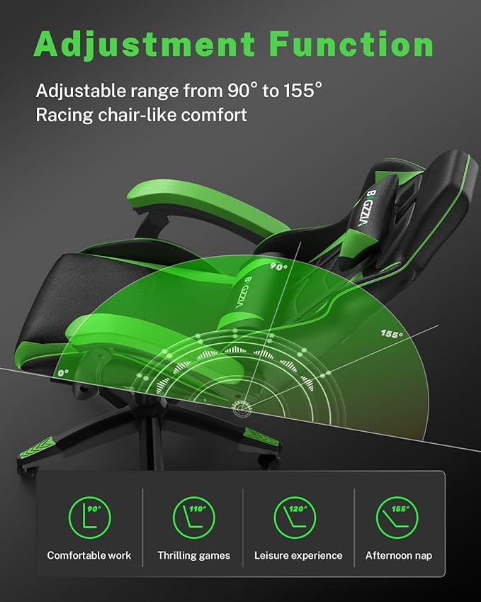 Gaming Chair with Footrest, High Back Ergonomic Computer Gamer Chair with Headrest and Lumbar Support, Racing Style Reclining Game Chair for Adults, Kids (Green-Black)