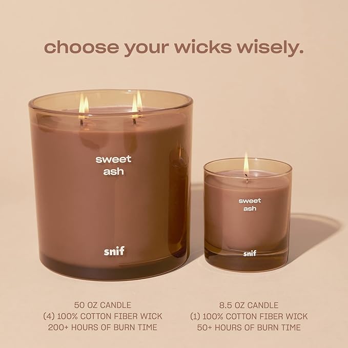 Sweet Ash Luxury Scented Candle by Snif, Low-Key Sweet and Earthy Scent, 200+ Hours, 100% Cotton Fiber Wicks, Soy Wax Blend, Non-Toxic, Vegan, 50 oz