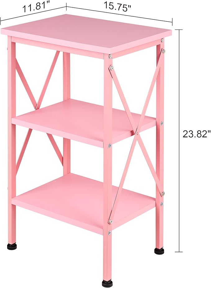VECELO End Table Set of 2, Bedside Table, 24" Tall Living Room End Tables, X-Design Reinforced Nightstands, Side Table with 3-Tier Storage Shelves for Small Spaces, Office, Bedroom, Pink