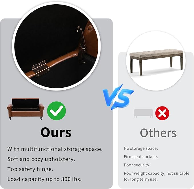 Storage Ottoman Bench with Arms, Faux Leather End of Bed Bench for Bedroom, Button Tufted Storage Bench for Entryway, Living Room, Large Storage Bench Foot Rest (New Brown)