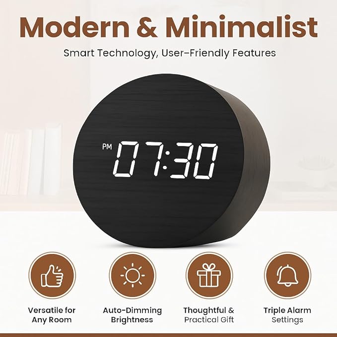 Wooden Alarm Clock Led Aesthetic Modern Alarm Digital Led Light for Desk with Large Display Elegant Aesthetic Gift