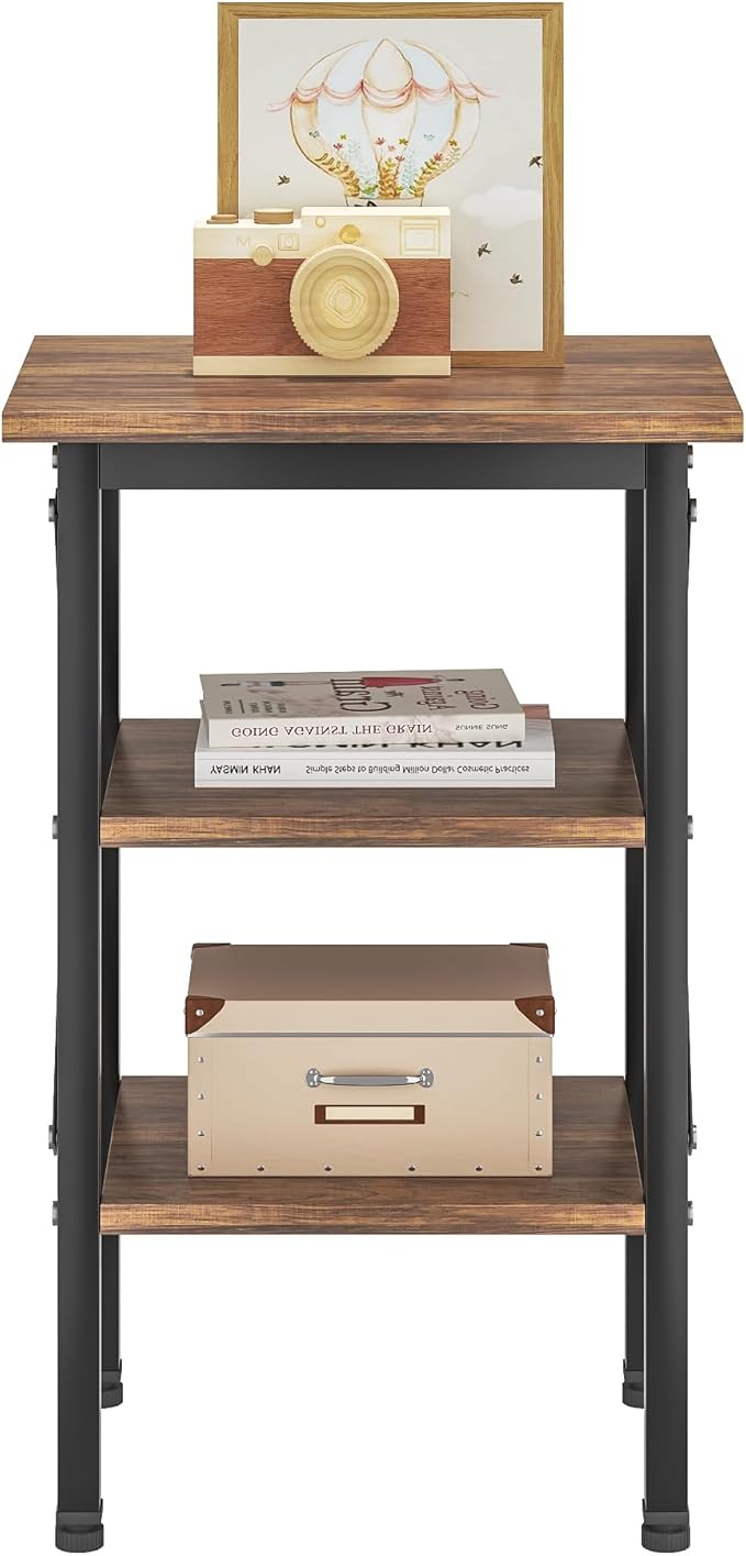 VECELO End Table, Bedside Table, 24" Tall Living Room End Tables, X-Design Reinforced Nightstands, Side Table with 3-Tier Storage Shelves for Small Spaces, Office, Bathroom, Bedroom, Rustic Brown