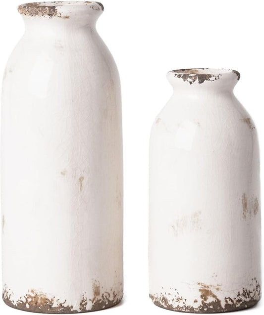 VICTOR & TERESA White Ceramic Vases Home Decor, Farmhouse Vase for Flowers, Flower Vase Set of 2, Rustic Decorative Vases for Pampas Grass, Table, Living Room, Shelf, Centerpieces, 8 inch