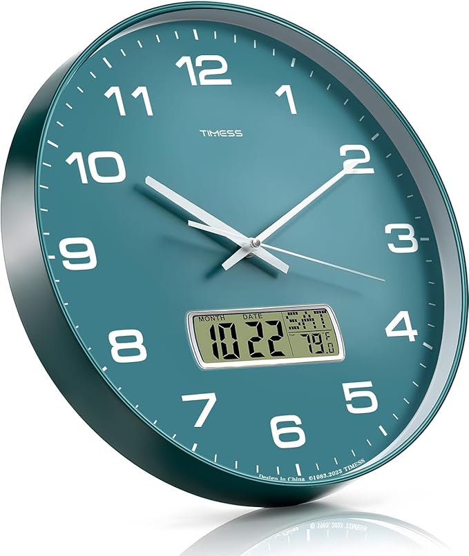 Wall Clock, 10" Dial Non-Ticking Silent Battery Operated Analog with LCD Display for Perpetual Calendar and F° Temperature, Ideal Modern Home, Office Decor (Green)
