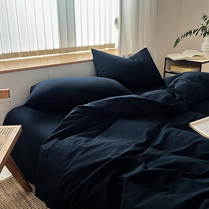 FACE TWO FACE Bedding Duvet Cover Set100% Washed Cotton Duvet Cover Linen Like Textured Breathable Durable Soft Comfy (Queen, Tibetan Blue)