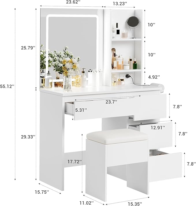 Vanity Desk with Mirror and LED Light, Vanity Desk with 4 Drawers, Power Outlet, Storage Stool, Storage Shelves & Hair Dryer Holder, Adjustable 3 Lighting Mode, Makeup Vanity Set for Bedroom, White
