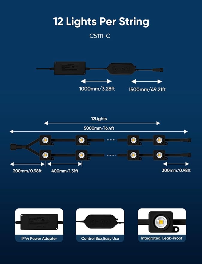 APPECK Permanent Outdoor Lights 400ft with 288 LED Lights, 144W Smart RGBW Eaves Lights,DC 36V, 40LM, IP67 Waterproof String Lights for Christams, Party Decor, Compatible with Alexa, Black