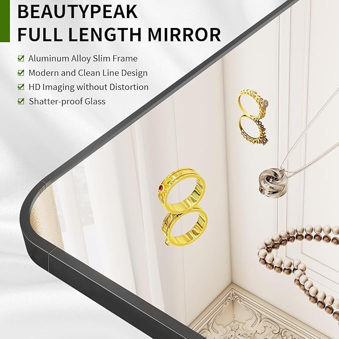 BEAUTYPEAK 59"x16" Mirror Full Length, Standing or Leaning Rounded Corner Full Body Floor Mirror with Metal Framed,Suitable for Living Room or Bathroom,Black