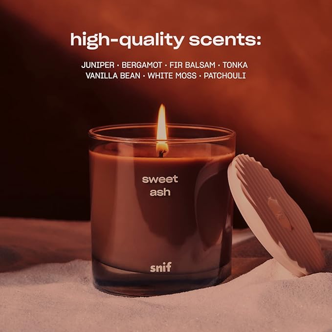 Sweet Ash Luxury Scented Candle by Snif, Low-Key Sweet and Earthy Scent, 200+ Hours, 100% Cotton Fiber Wicks, Soy Wax Blend, Non-Toxic, Vegan, 50 oz