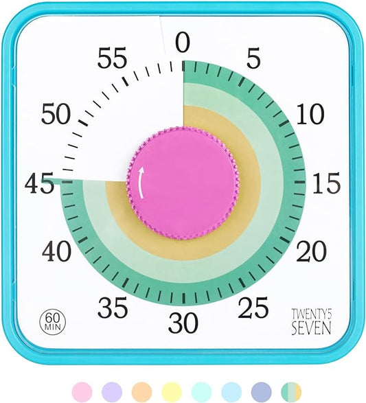 TWENTY5 SEVEN Countdown Timer 7.5 inch; 60 Minute 1 Hour Visual Timer – Classroom Teaching Tool Office Meeting, Mechanical Countdown Clock for Kids Exam Time Management Magnetic, Colorful